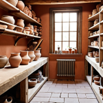 Ceramic Studio Interior**

Prompt: "Cozy and inspiring ceramic studio interior, pottery wheel in focus, shelves filled with handmade ceramic pieces, natural light, warm color palette, rustic details, tools and materials artistically arranged, creating a sense of creativity and craftsmanship."

**