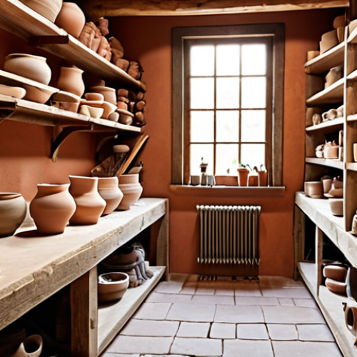 Home 4 Ceramic Studio Interior**
Prompt: "Cozy and inspiring ceramic studio interior, pottery wheel in focus, shelves filled with handmade ceramic pieces, natural light, warm color palette, rustic details, tools and materials artistically arranged, creating a sense of creativity and craftsmanship."
**