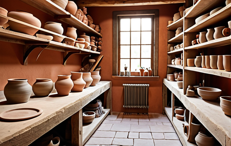 Ceramic Studio Interior**
Prompt: "Cozy and inspiring ceramic studio interior, pottery wheel in focus, shelves filled with handmade ceramic pieces, natural light, warm color palette, rustic details, tools and materials artistically arranged, creating a sense of creativity and craftsmanship."
**