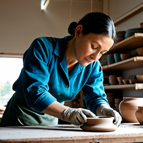 Ceramic Artist at Work**

"A professional ceramic artist, fully clothed in modest work attire, carefully shaping clay on a pottery wheel in a bright, organized studio. Natural light streaming through a large window. Various finished pottery pieces displayed on shelves in the background. Safe for work, appropriate content, perfect anatomy, natural proportions, professional photography, high quality, well-formed hands, proper finger count, focused expression."

**