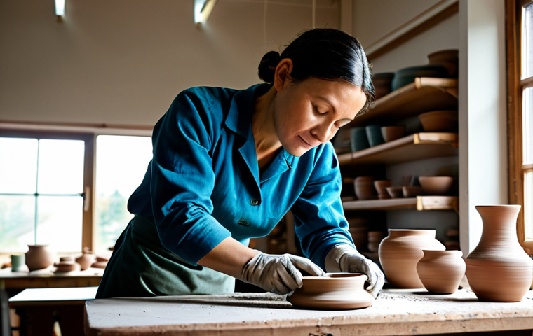 Ceramic Artist at Work**
"A professional ceramic artist, fully clothed in modest work attire, carefully shaping clay on a pottery wheel in a bright, organized studio. Natural light streaming through a large window. Various finished pottery pieces displayed on shelves in the background. Safe for work, appropriate content, perfect anatomy, natural proportions, professional photography, high quality, well-formed hands, proper finger count, focused expression."
**