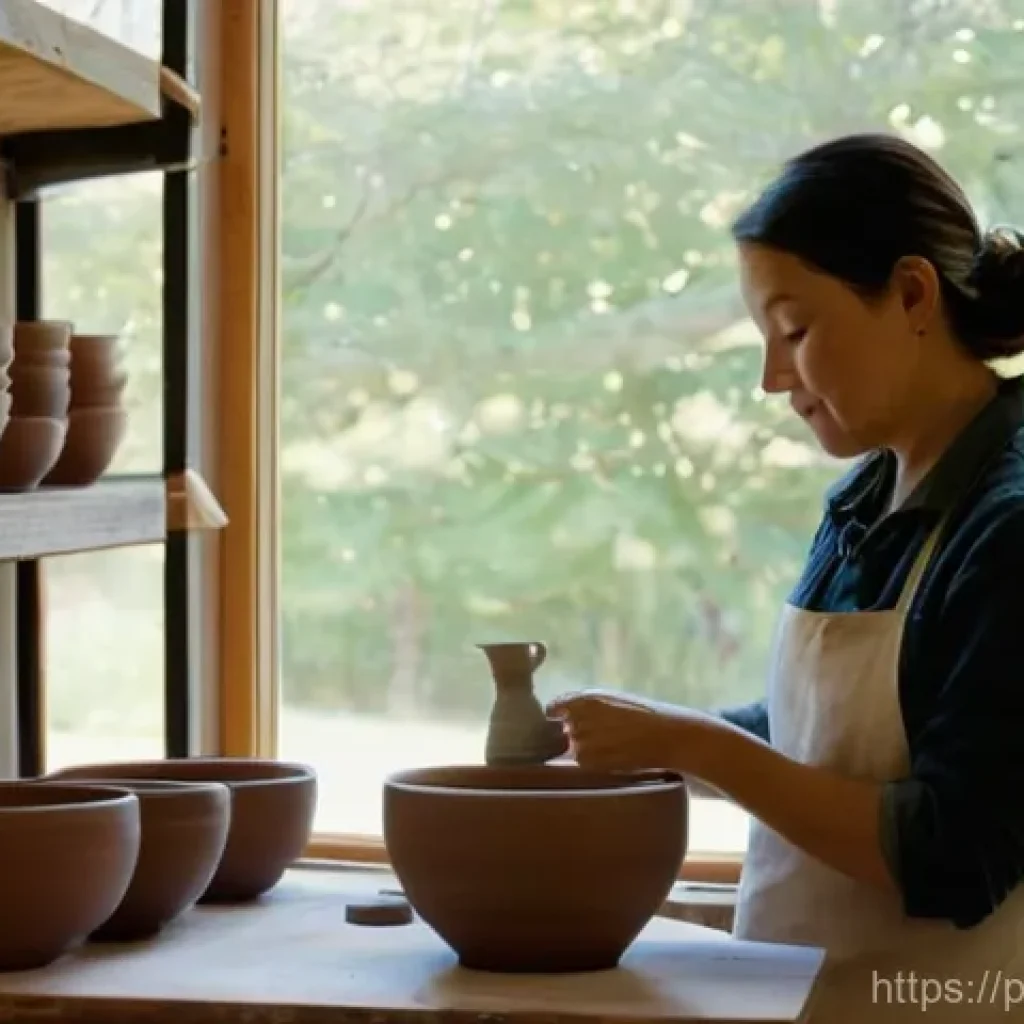 세라믹 공예 분야 진로 탐색 - **Prompt:** A cozy, sun-drenched ceramics studio, alive with the creative process. A skilled female ...