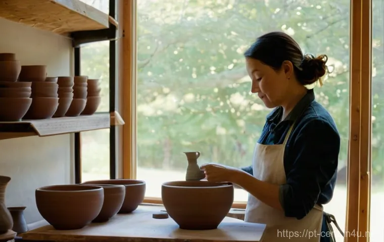 세라믹 공예 분야 진로 탐색 - **Prompt:** A cozy, sun-drenched ceramics studio, alive with the creative process. A skilled female ...