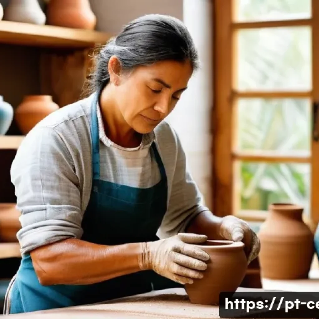 세라믹 디자인 교육 과정 - A skilled artisan in a bright, cozy Brazilian ceramics studio, carefully shaping a symmetrical vase ...