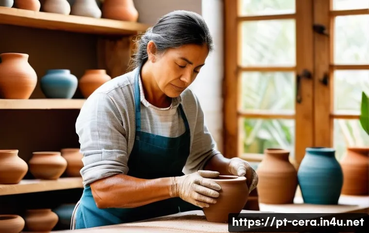 세라믹 디자인 교육 과정 - A skilled artisan in a bright, cozy Brazilian ceramics studio, carefully shaping a symmetrical vase ...