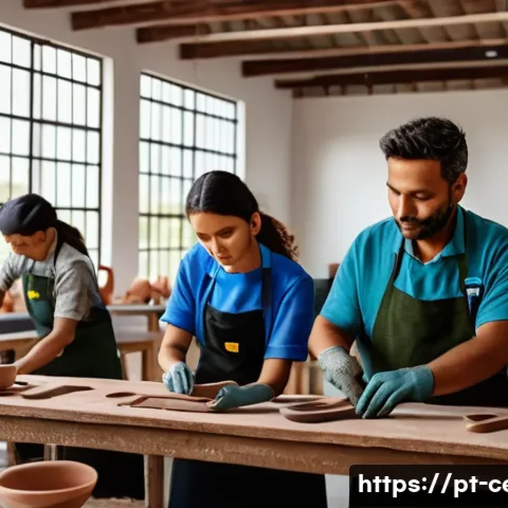 세라믹 이직 준비 전략 - A modern ceramic workshop in Brazil’s Southeast region, featuring skilled artisans and technicians c...