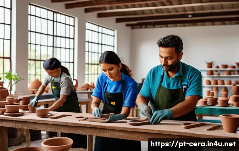 세라믹 이직 준비 전략 - A modern ceramic workshop in Brazil’s Southeast region, featuring skilled artisans and technicians c...