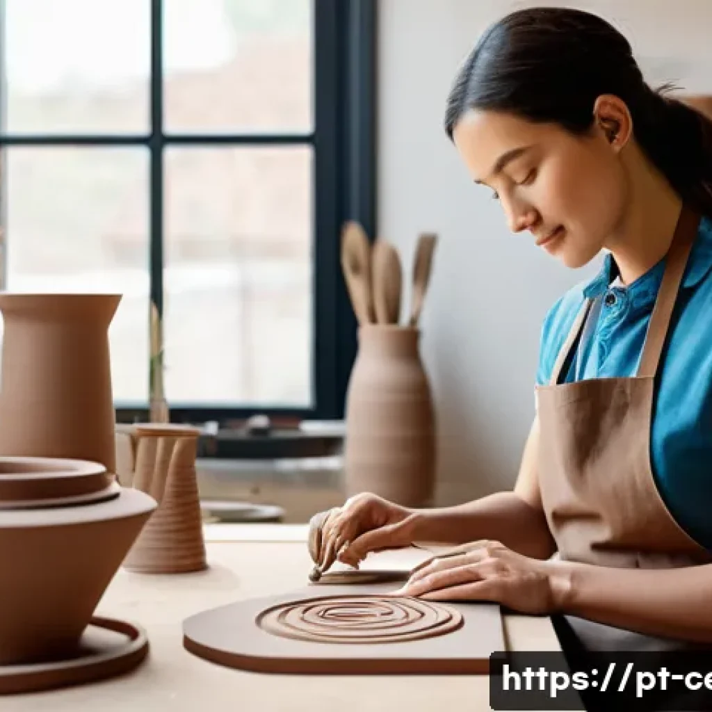 미술세라믹 실무 트렌드 - A contemporary ceramic artist’s studio scene showcasing a blend of traditional and digital technique...
