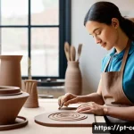 미술세라믹 실무 트렌드 - A contemporary ceramic artist’s studio scene showcasing a blend of traditional and digital technique...