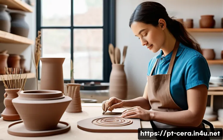 미술세라믹 실무 트렌드 - A contemporary ceramic artist’s studio scene showcasing a blend of traditional and digital technique...