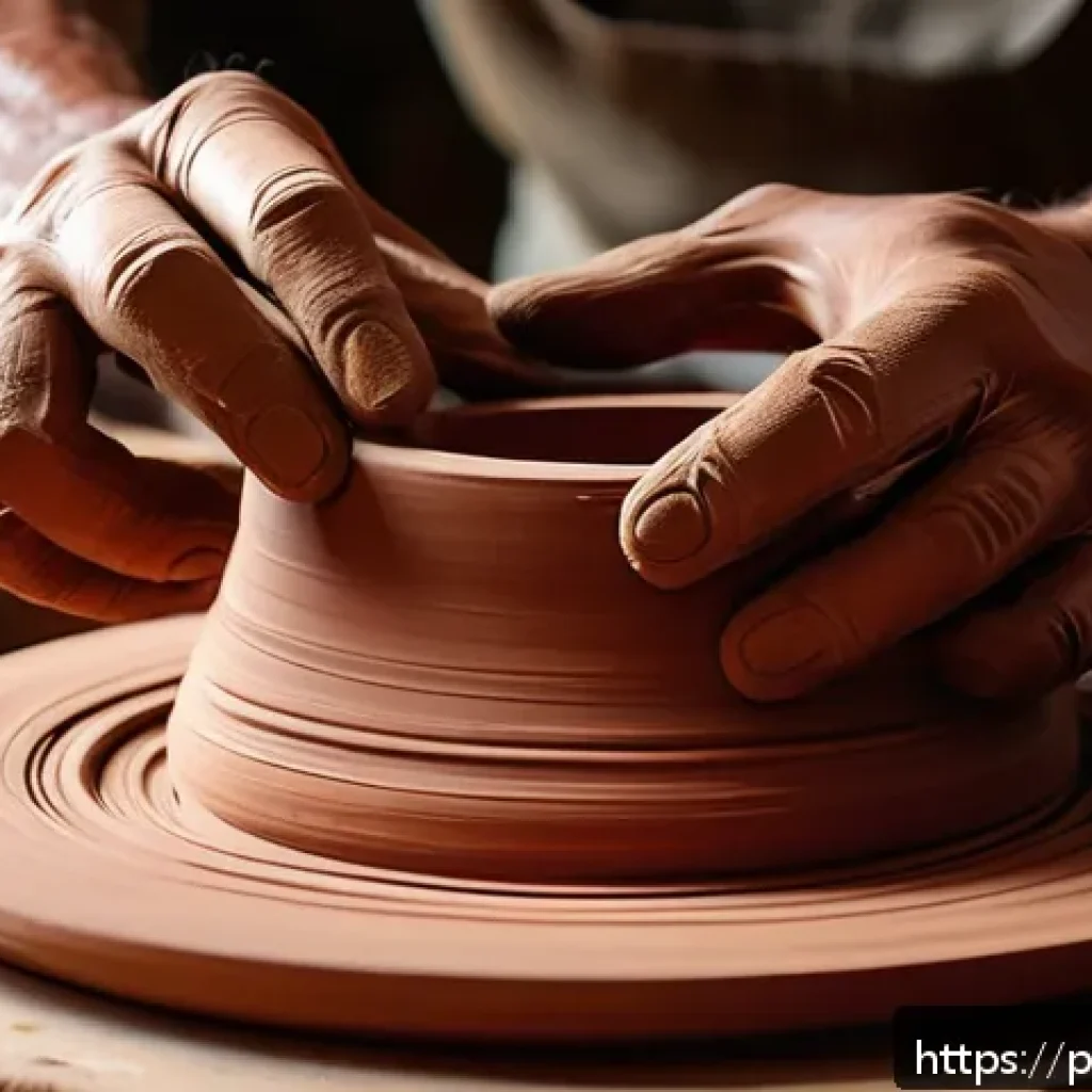 미술세라믹 실무 스킬 향상법 - A detailed close-up of a rustic terracotta clay sculpture in progress on a potter’s wheel, showcasin...