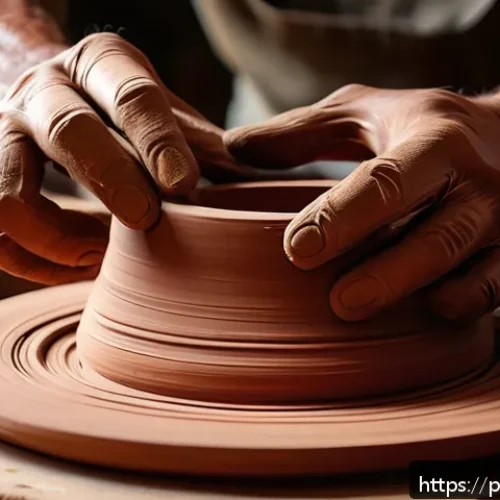 미술세라믹 실무 스킬 향상법 - A detailed close-up of a rustic terracotta clay sculpture in progress on a potter’s wheel, showcasin...