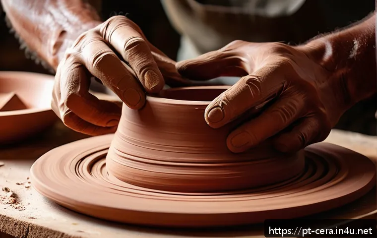 미술세라믹 실무 스킬 향상법 - A detailed close-up of a rustic terracotta clay sculpture in progress on a potter’s wheel, showcasin...