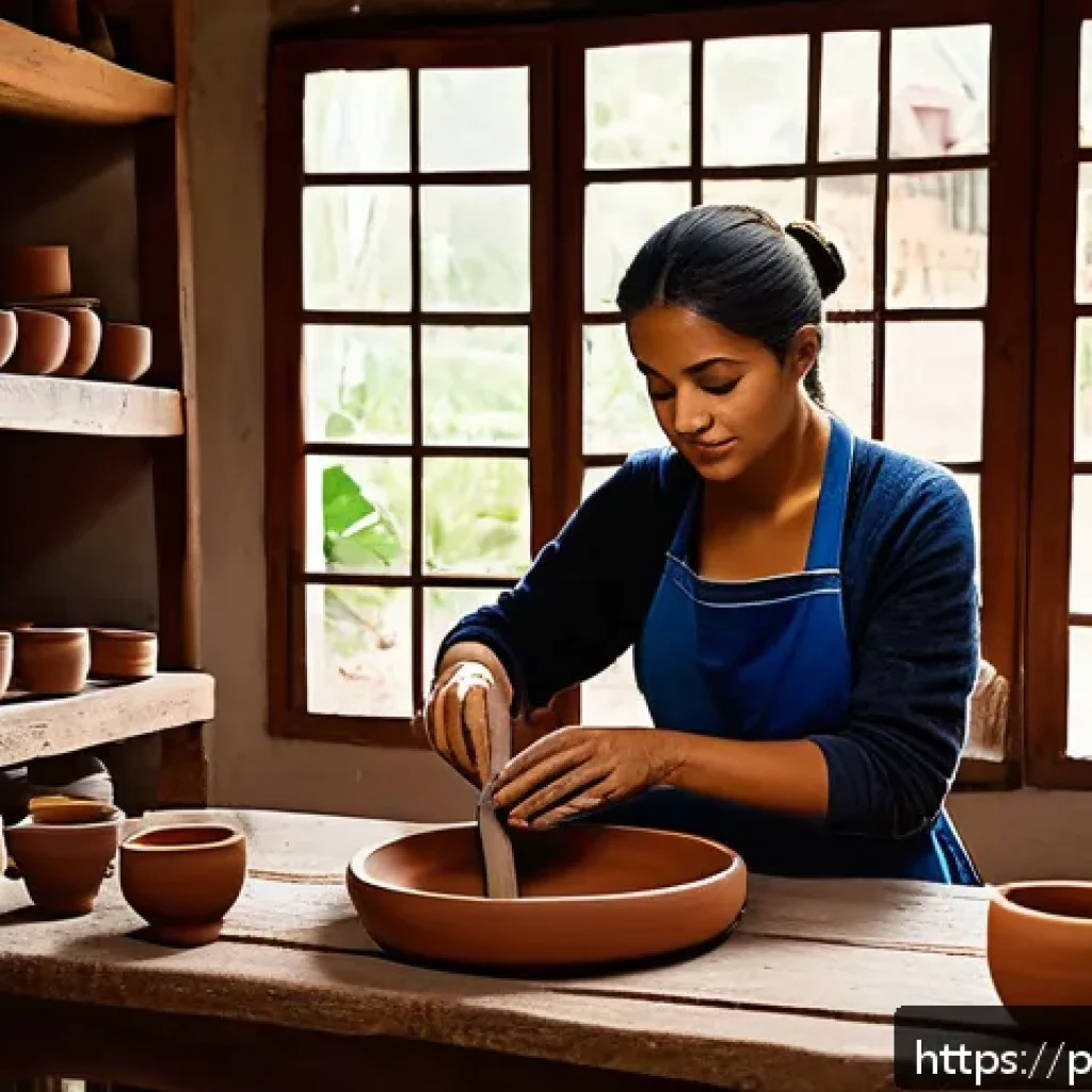 미술세라믹 직무 분석 - A cozy artisan ceramic studio in Brazil, featuring a skilled artist shaping clay on a traditional po...