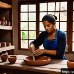 미술세라믹 직무 분석 - A cozy artisan ceramic studio in Brazil, featuring a skilled artist shaping clay on a traditional po...