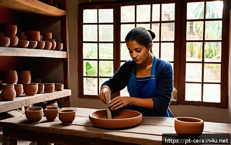 미술세라믹 직무 분석 - A cozy artisan ceramic studio in Brazil, featuring a skilled artist shaping clay on a traditional po...