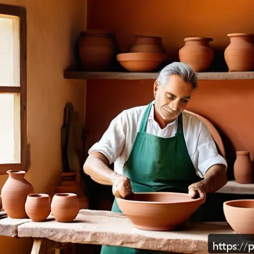 미술세라믹 전문가 이직 - A cozy artisan pottery studio in a sunny Brazilian home, featuring a potter working on a traditional...