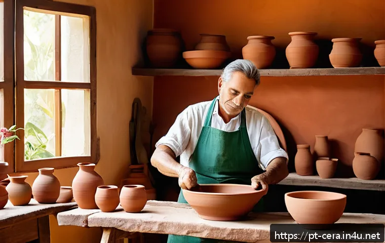 미술세라믹 전문가 이직 - A cozy artisan pottery studio in a sunny Brazilian home, featuring a potter working on a traditional...